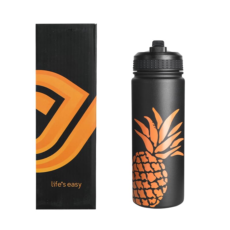 Life's Easy Stainless Steel Insulated Water Bottle - Sports Water Bottle w/Loop Handle Bionic Silicone Straw Lid - Vacuum Flask for Hot & Cold Drinks - Great for School & More (Pineapple Black,18 oz) - Image 1